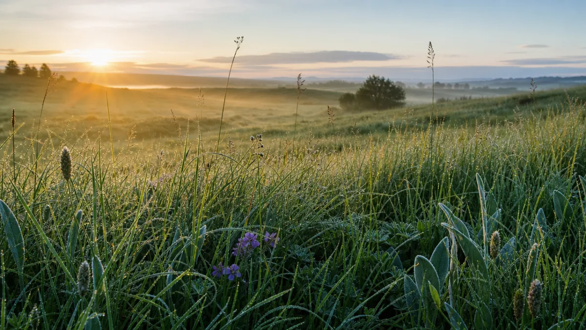 lush restored native grassland in early morning light, dewdrops on grass blades,…