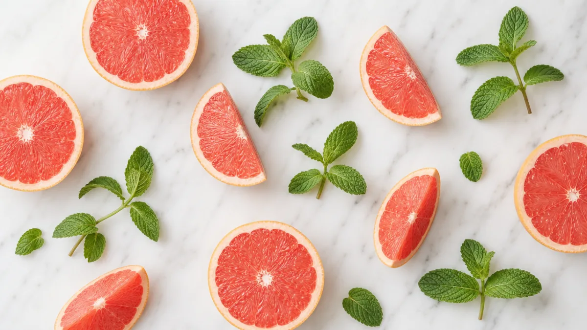 a flat lay of grapefruit slices and fresh spearmint sprigs on white…