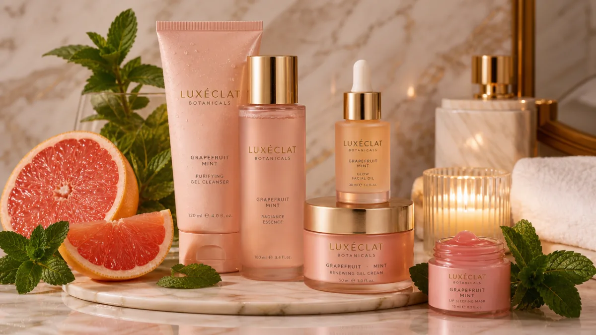 luxurious skincare products with grapefruit and mint botanicals arranged on marble, warm…