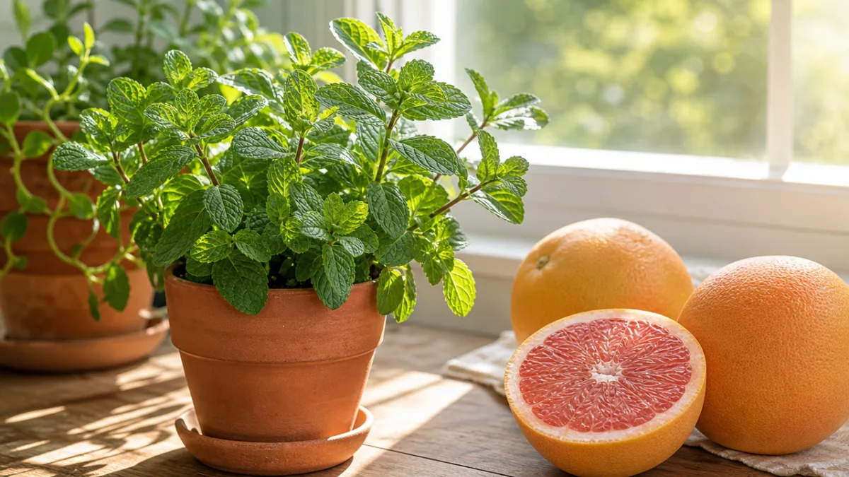 fresh organic spearmint growing in terracotta pot beside whole grapefruits, soft morning…
