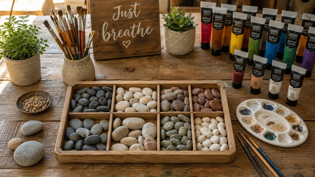 a rustic wooden table with sorted pebbles, brushes, and acrylic paints arranged…