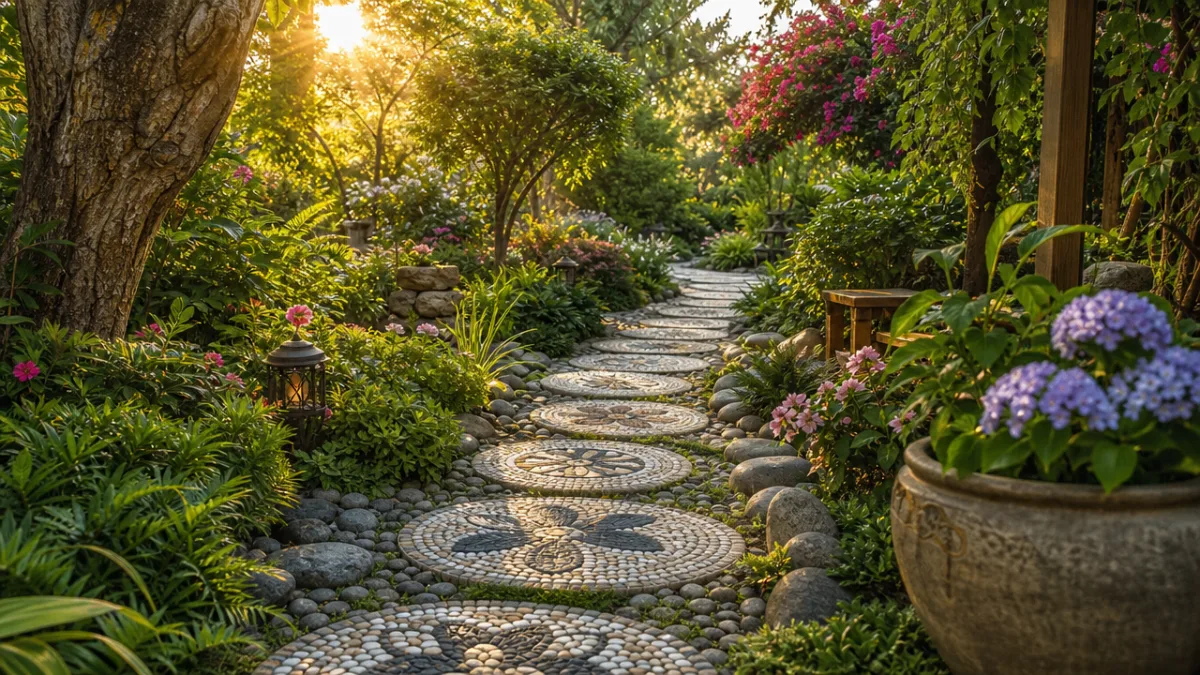 a lush garden pathway lined with pebble mosaic stepping stones, soft golden…