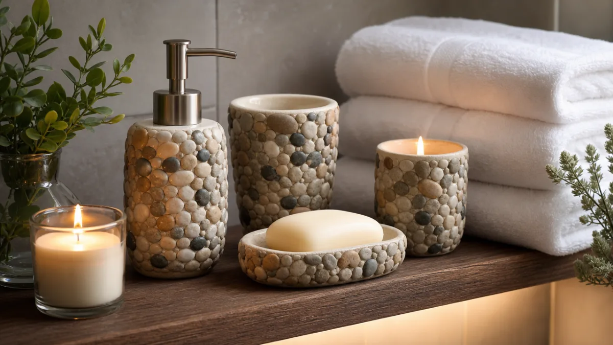 a beautifully arranged bathroom shelf with pebble-decorated accessories, soft candlelight and clean…