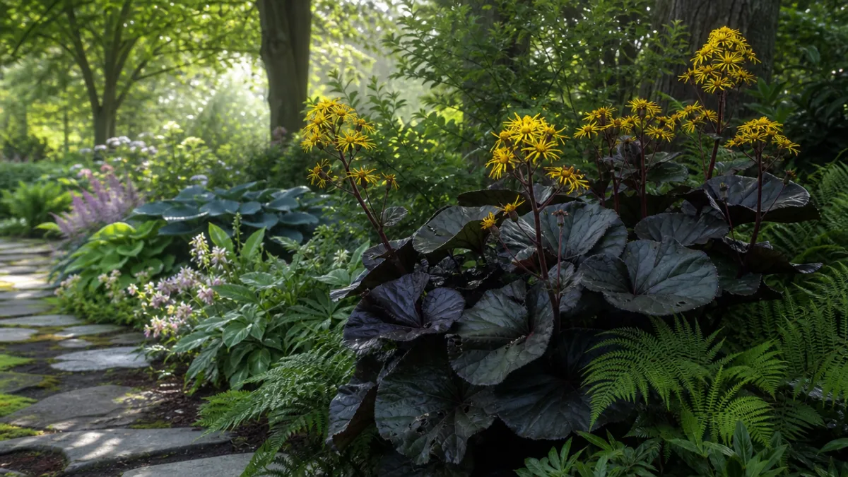 a lush shaded garden border with bold dark-leaved Ligularia plants, soft dappled…