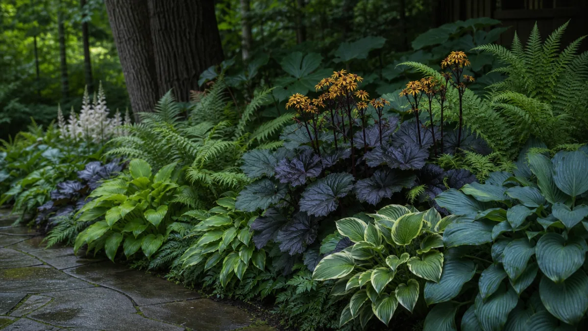 a beautifully composed shade garden border combining dark-leaved Ligularia with hostas and…