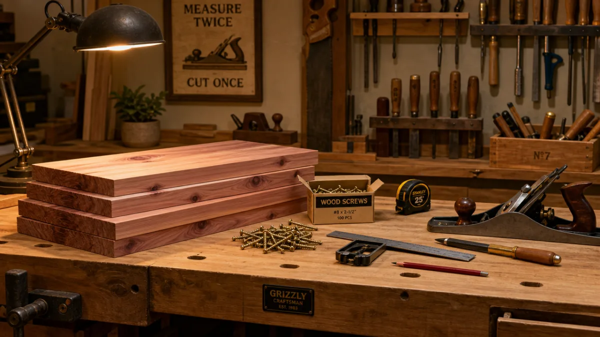 a neatly arranged workbench with cedar boards, screws, and woodworking tools, warm…