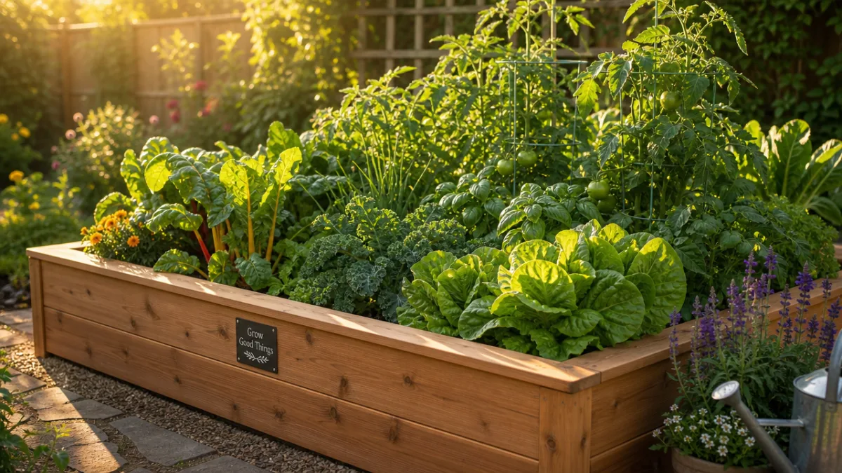a lush raised cedar garden bed filled with thriving green vegetables, soft…
