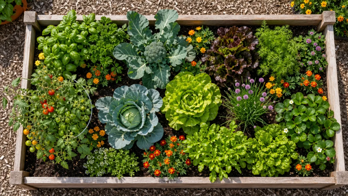 an overhead view of a raised garden bed with colorful companion-planted vegetables,…