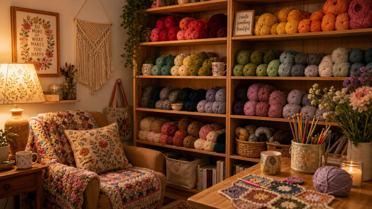 a cozy craft room with colorful yarn skeins arranged neatly on wooden…