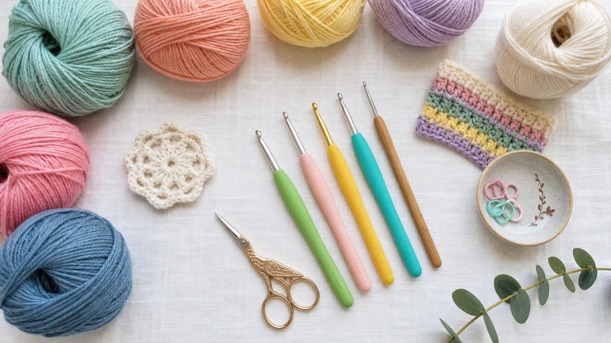 a flat lay of crochet tools including colorful yarn balls, hooks, and…