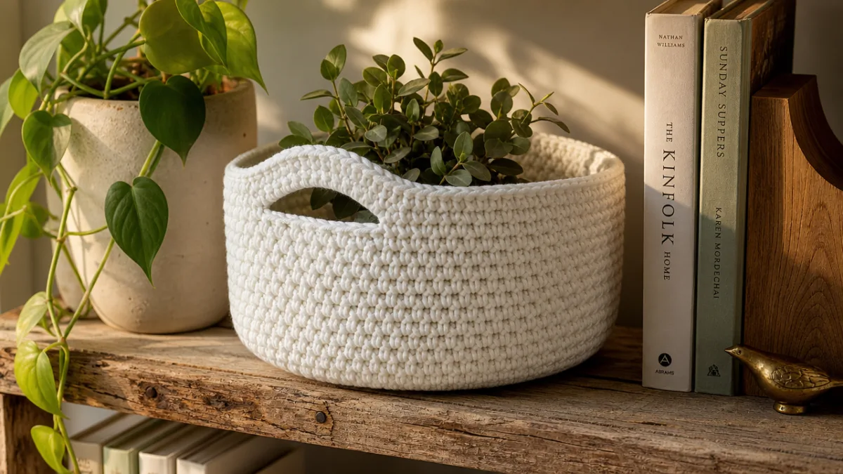 a beautifully finished white crochet basket on a rustic wooden shelf, styled…