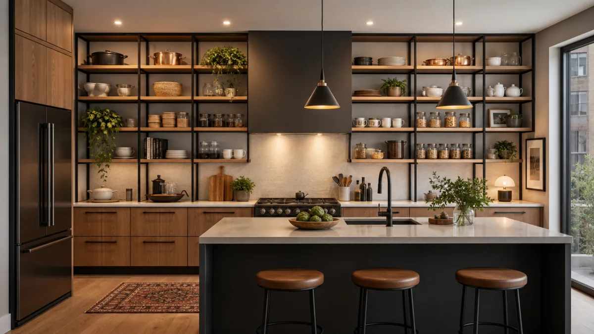 a modern apartment kitchen with floor-to-ceiling open shelving, warm overhead lighting, neatly…