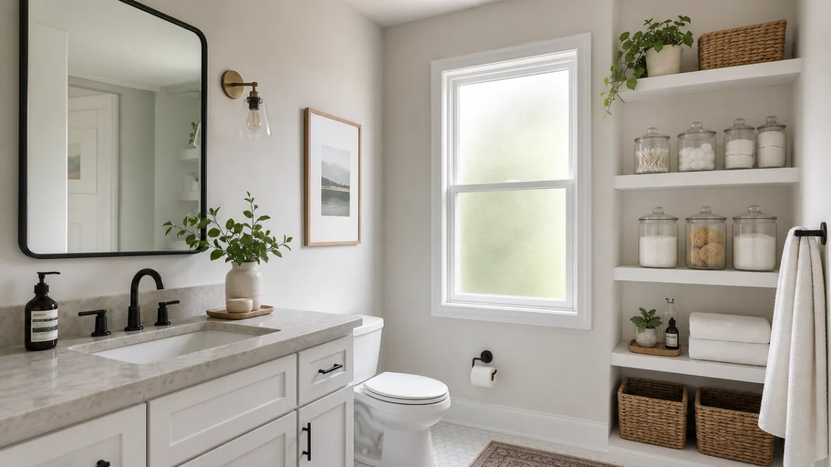 an organized apartment bathroom with white open shelves, glass jars, soft natural…