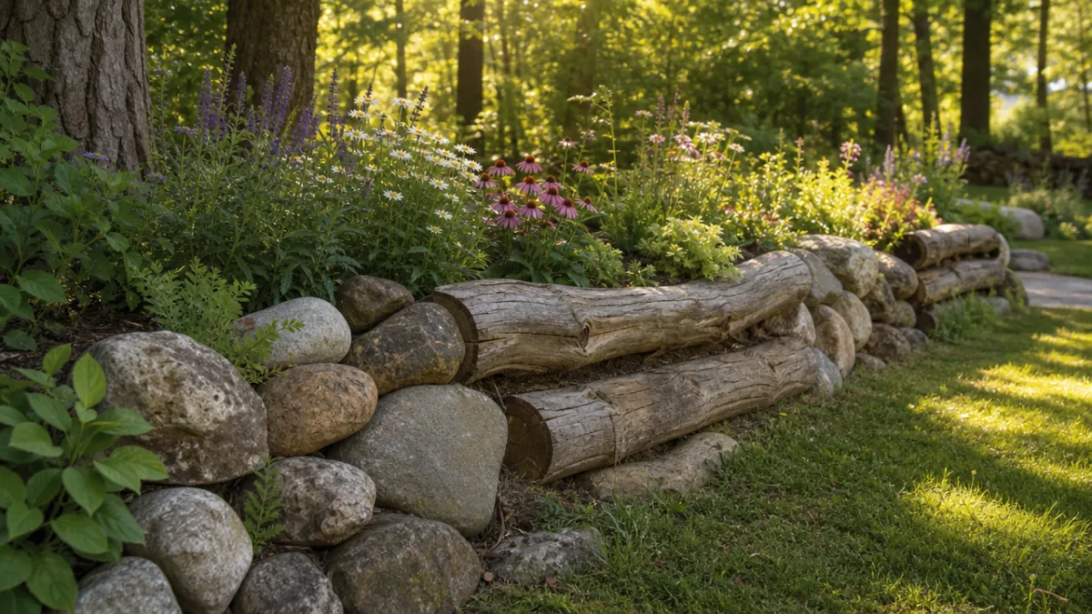 a rustic garden border made of natural logs and fieldstones, warm afternoon…