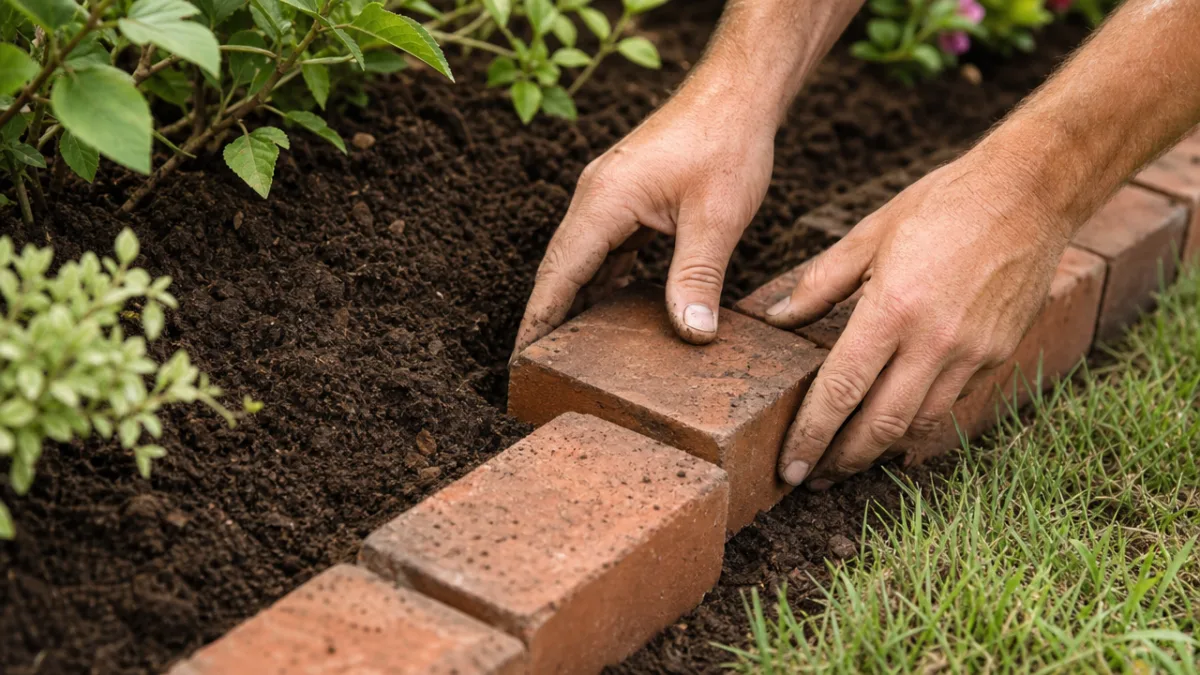 close-up of hands installing a brick garden border in rich brown soil,…
