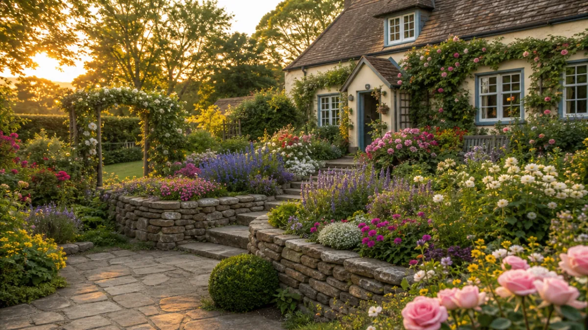 a beautifully maintained cottage garden with colorful flower beds and neat stone…