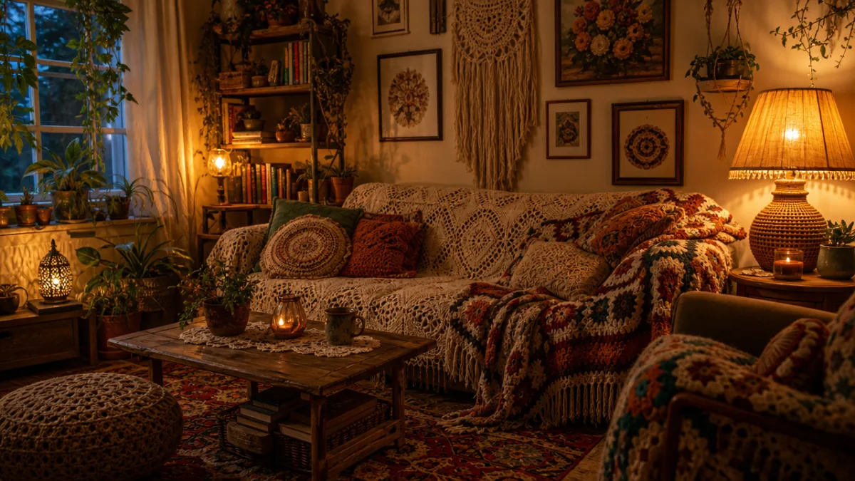 a cozy bohemian living room with layered crochet textiles, warm amber lamplight…