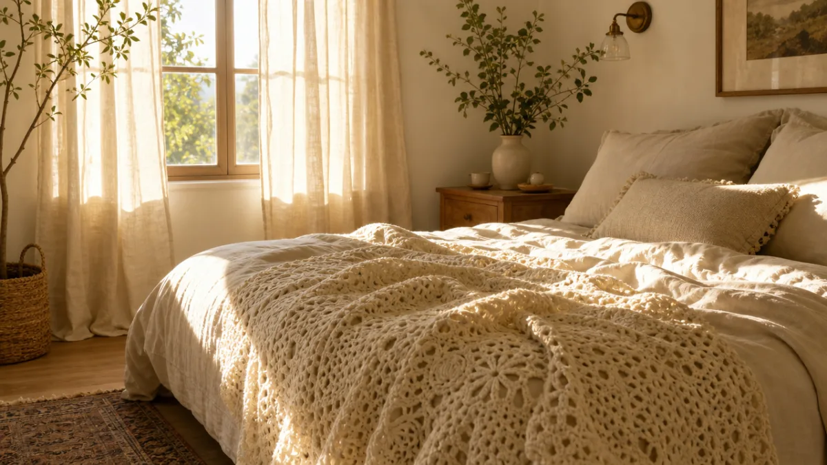 a sunlit bedroom with cream crochet throw blanket on linen bedding, golden…