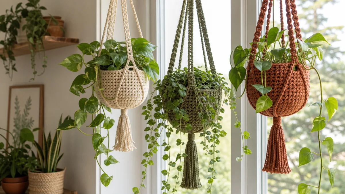 hanging crochet plant holders with trailing green plants near a bright window,…