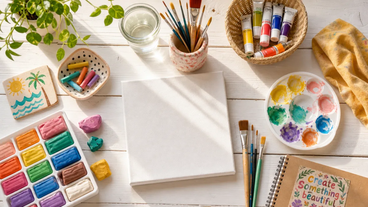 a flat lay of colorful craft supplies including paints, brushes, canvas, and…