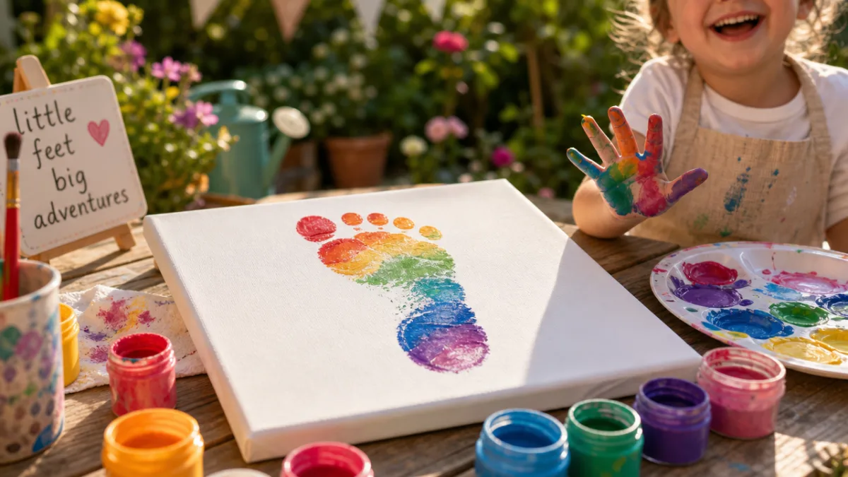a cheerful outdoor crafting scene with a child's painted footprint on white…