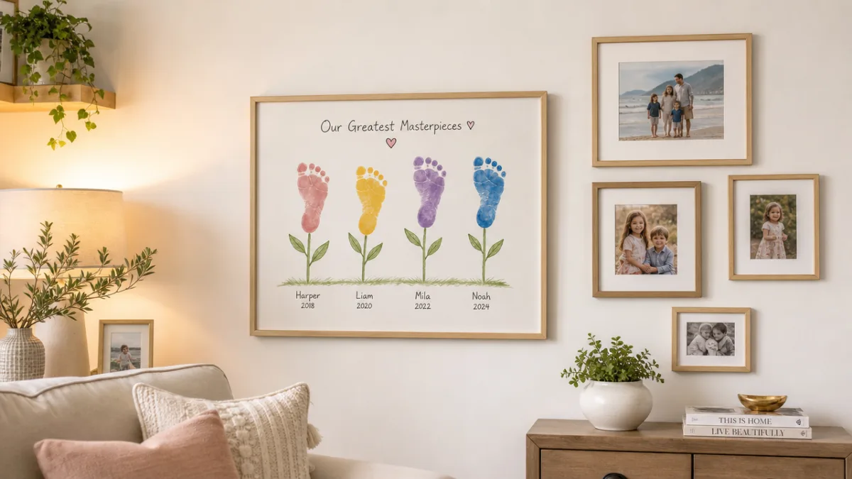 a beautifully framed children's footprint artwork displayed on a white living room…