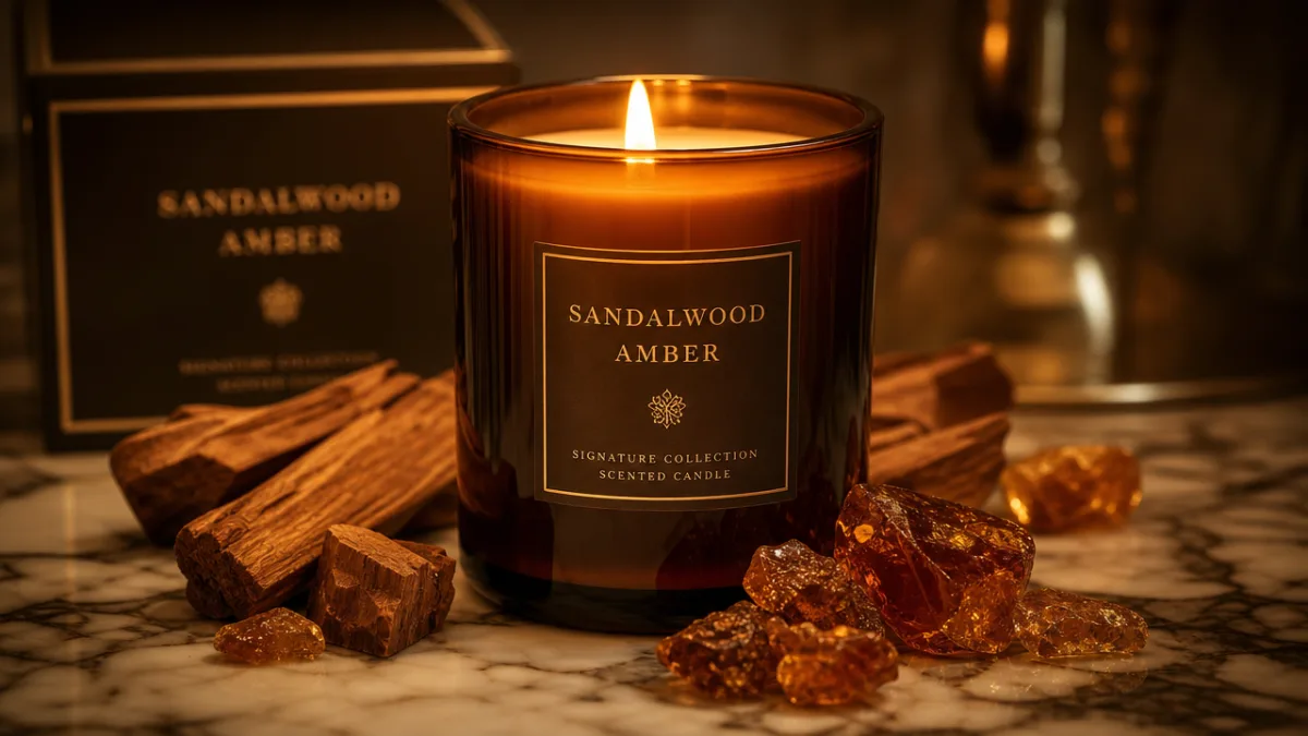 a luxury candle glowing warmly on a marble surface surrounded by sandalwood…