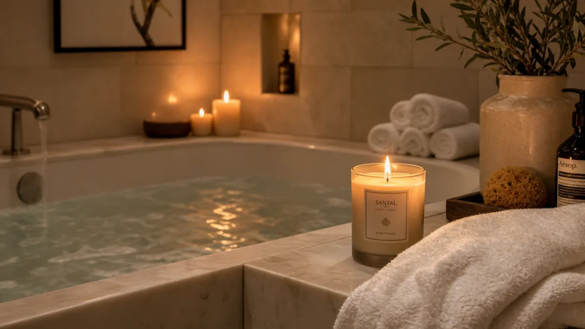 a serene bathroom spa scene with a lit luxury candle beside a…