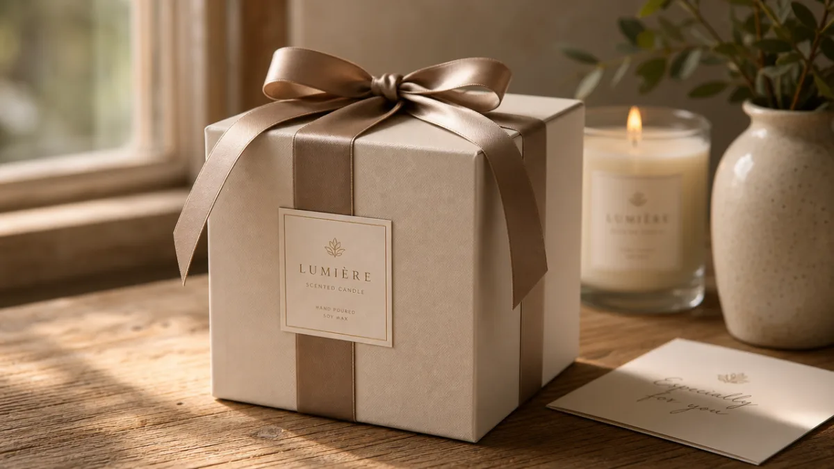 an elegantly wrapped luxury candle gift box with ribbon on a wooden…