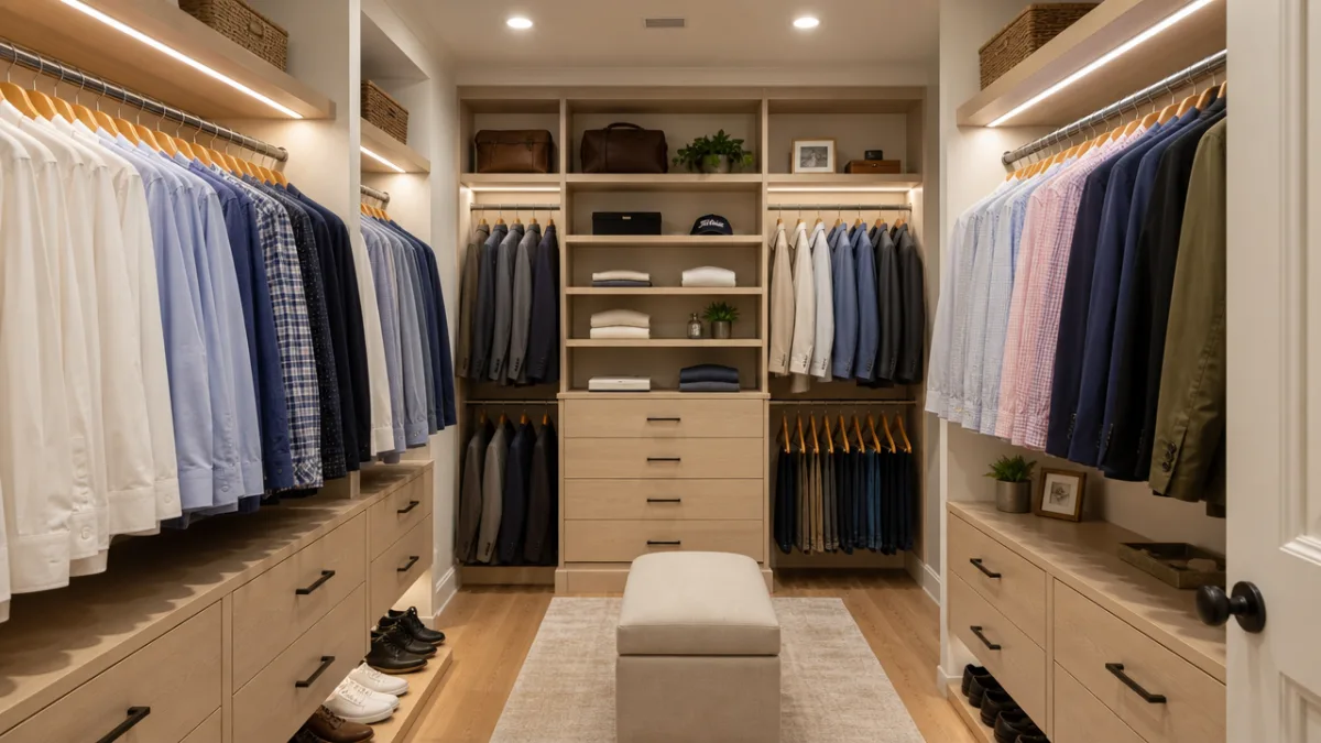 a bright organized walk-in closet with neatly hung shirts on wooden hangers,…