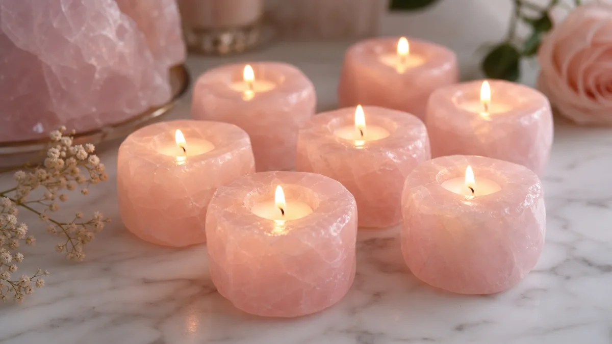 a cluster of pale pink rose quartz tea-light candles glowing warmly on…