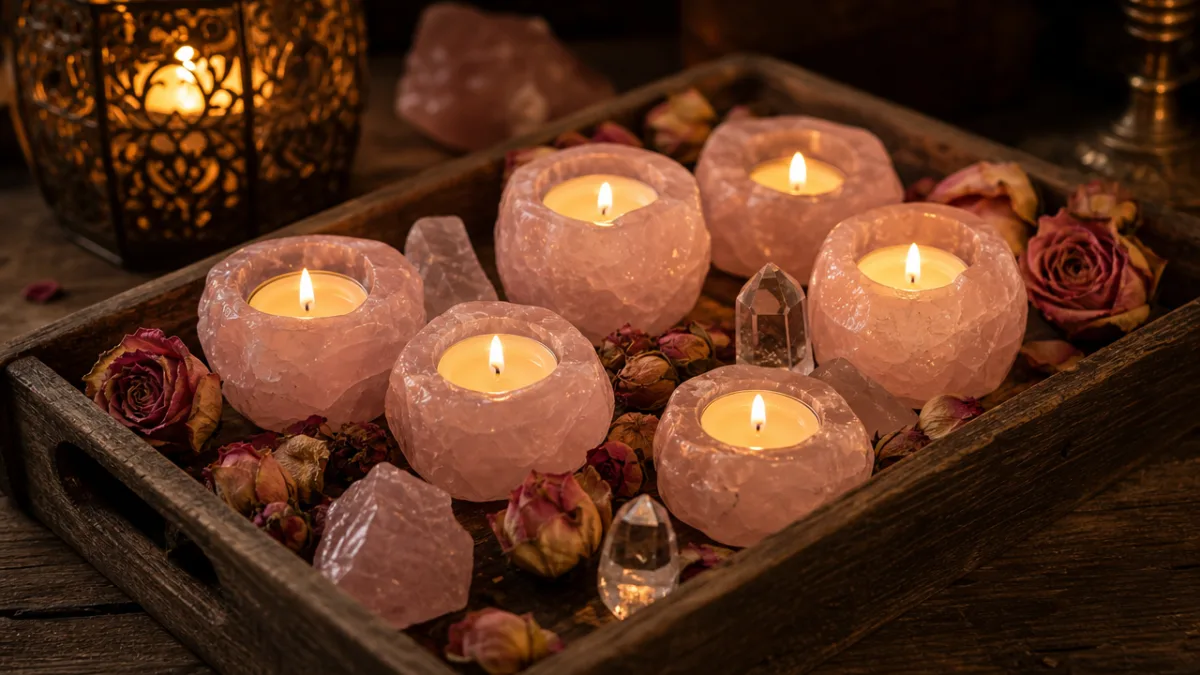 rose quartz tea-light candles arranged on a rustic wooden tray with dried…