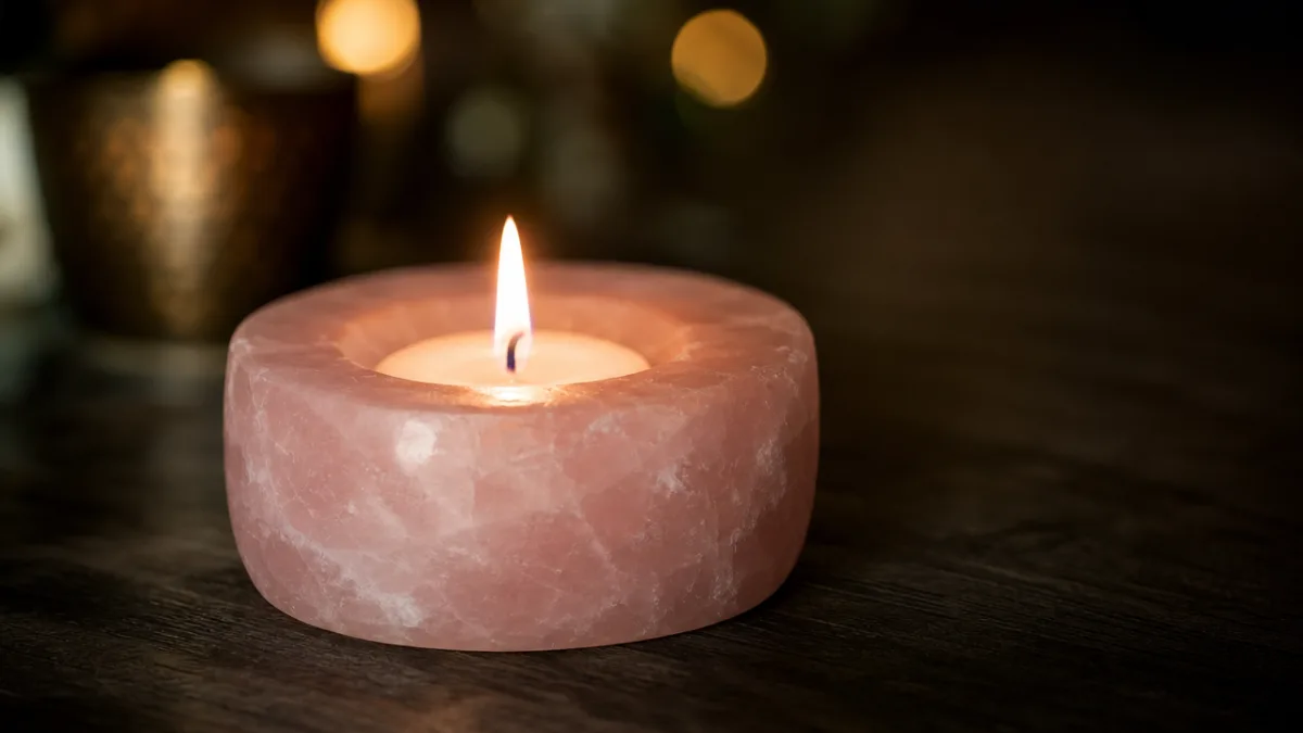 a single rose quartz tea-light candle glowing softly on a dark wooden…