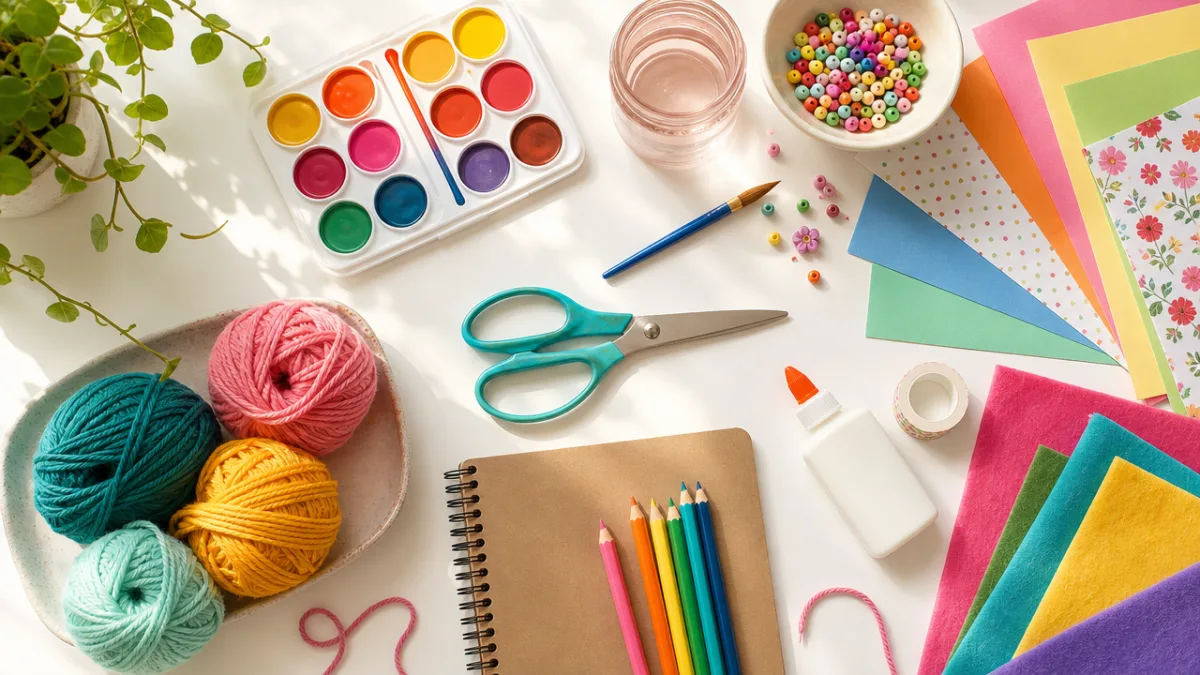 a flat lay of colorful craft supplies including scissors, paint, yarn, and…