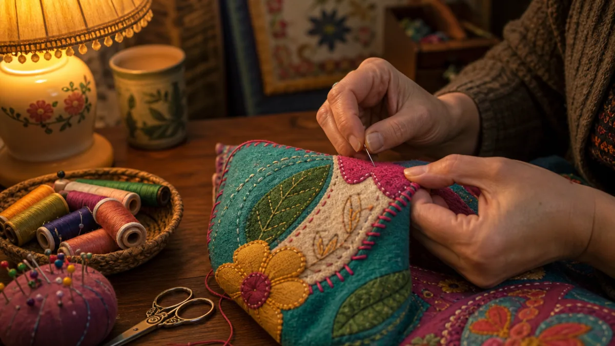 hands carefully stitching a colorful fabric craft project on a wooden table,…