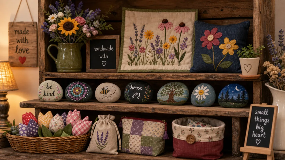 a display of various handmade crafts including flowers, painted stones, and fabric…
