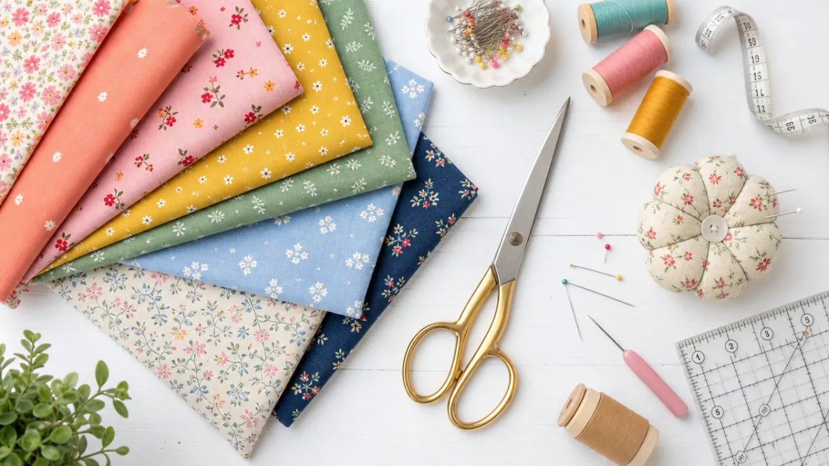 a flat lay of colorful cotton fabric swatches, scissors, and sewing tools…