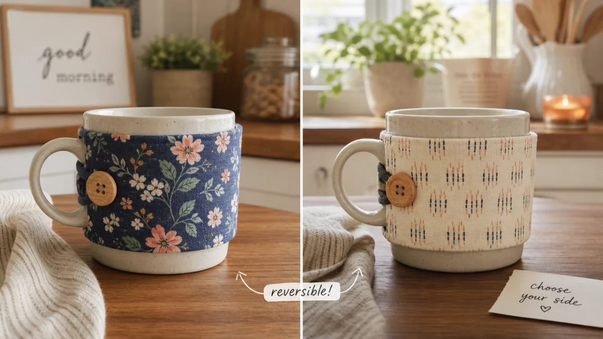 a handmade reversible fabric coffee cup cozy displayed on a ceramic mug,…