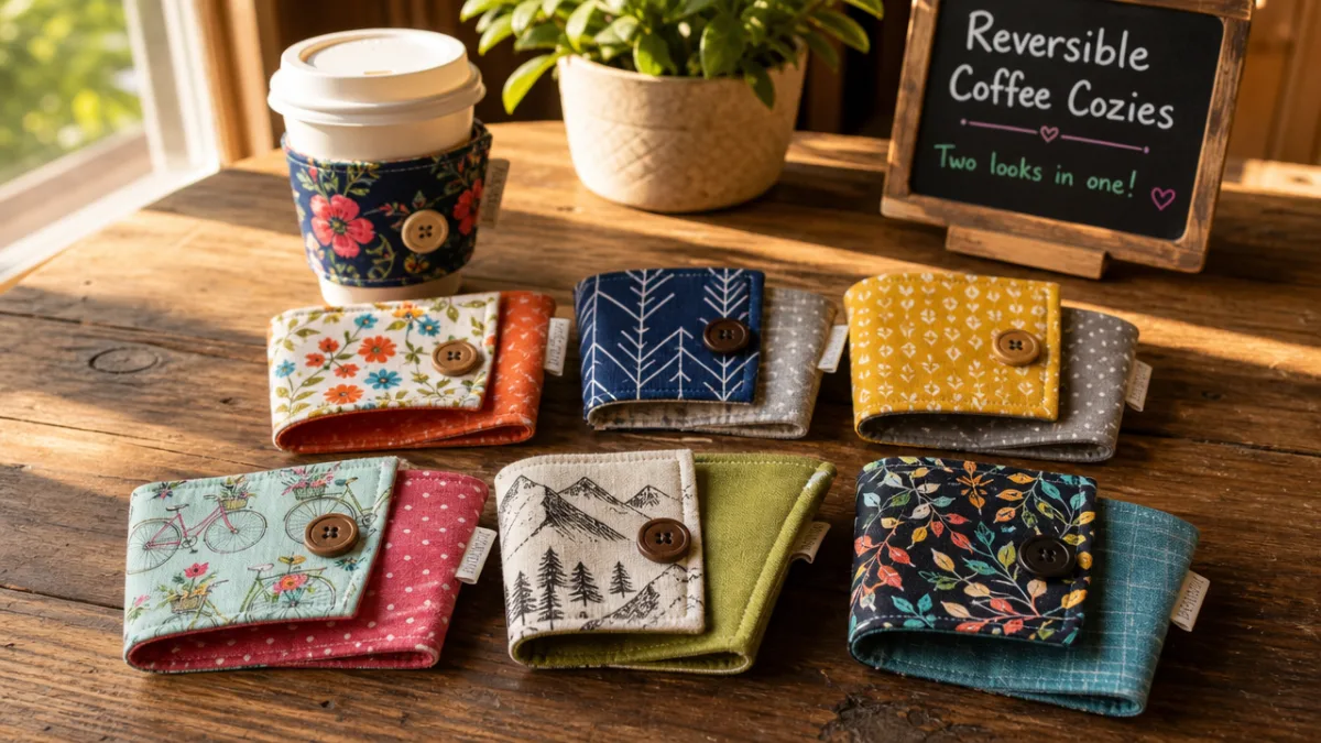 a collection of colorful reversible fabric coffee cozies arranged on a rustic…