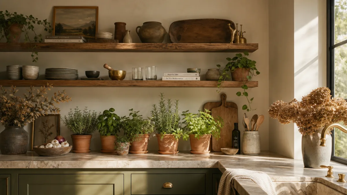 a styled kitchen counter with fresh herbs in terracotta pots, open wooden…