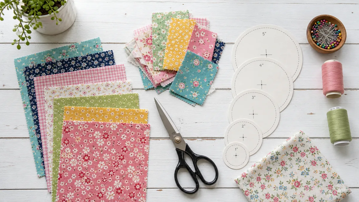 a flat lay of colorful fabric scraps, scissors, and circular templates arranged…