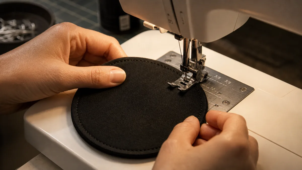 hands carefully sewing a circular black fabric coaster on a sewing machine,…