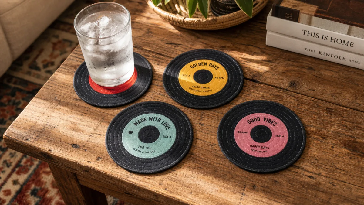 four finished fabric record coasters displayed on a rustic wooden coffee table…
