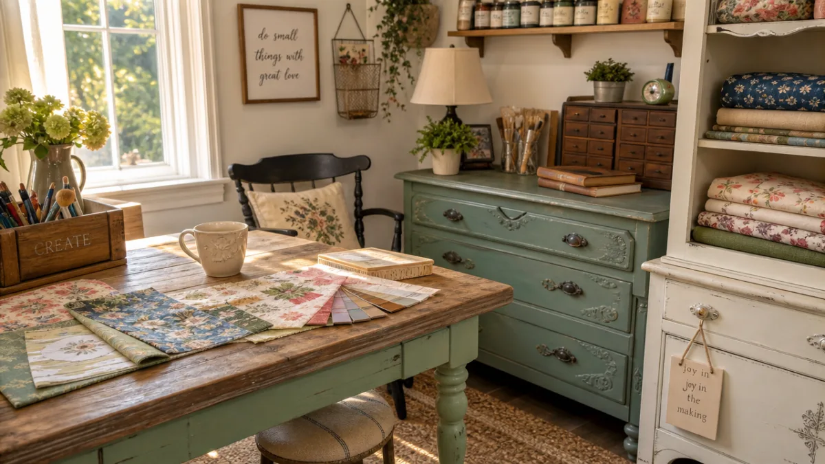 a cozy DIY crafting workspace with painted furniture, fabric swatches, and warm…