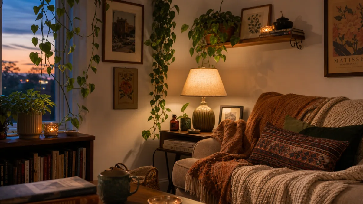a warmly lit living room corner with trailing houseplants, layered throw blankets,…