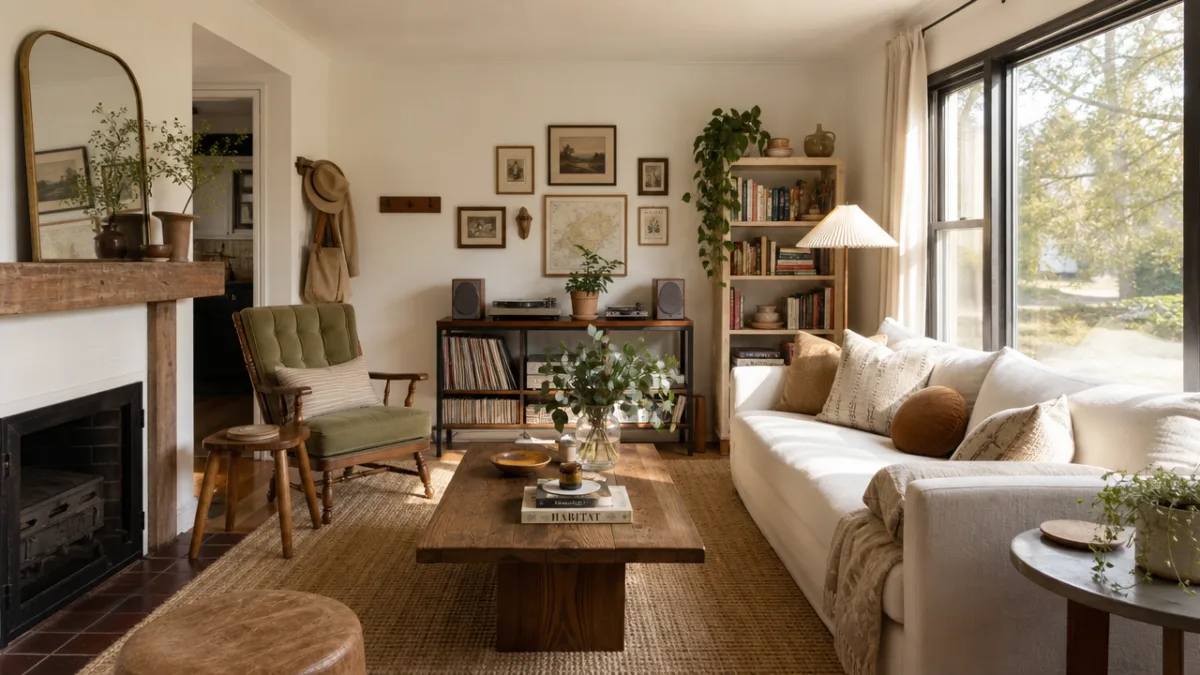 a stylishly cohesive living room with mixed thrifted and DIY pieces, warm…