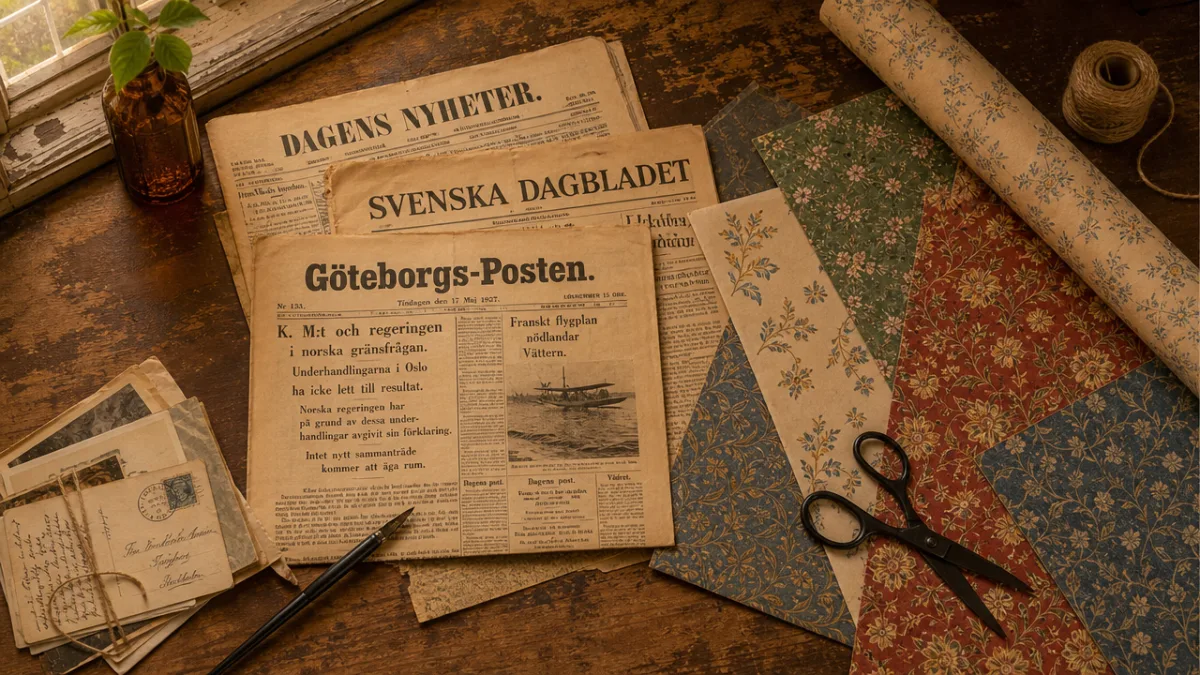 a flat lay of aged Swedish newspapers and decorative wrapping paper sheets…
