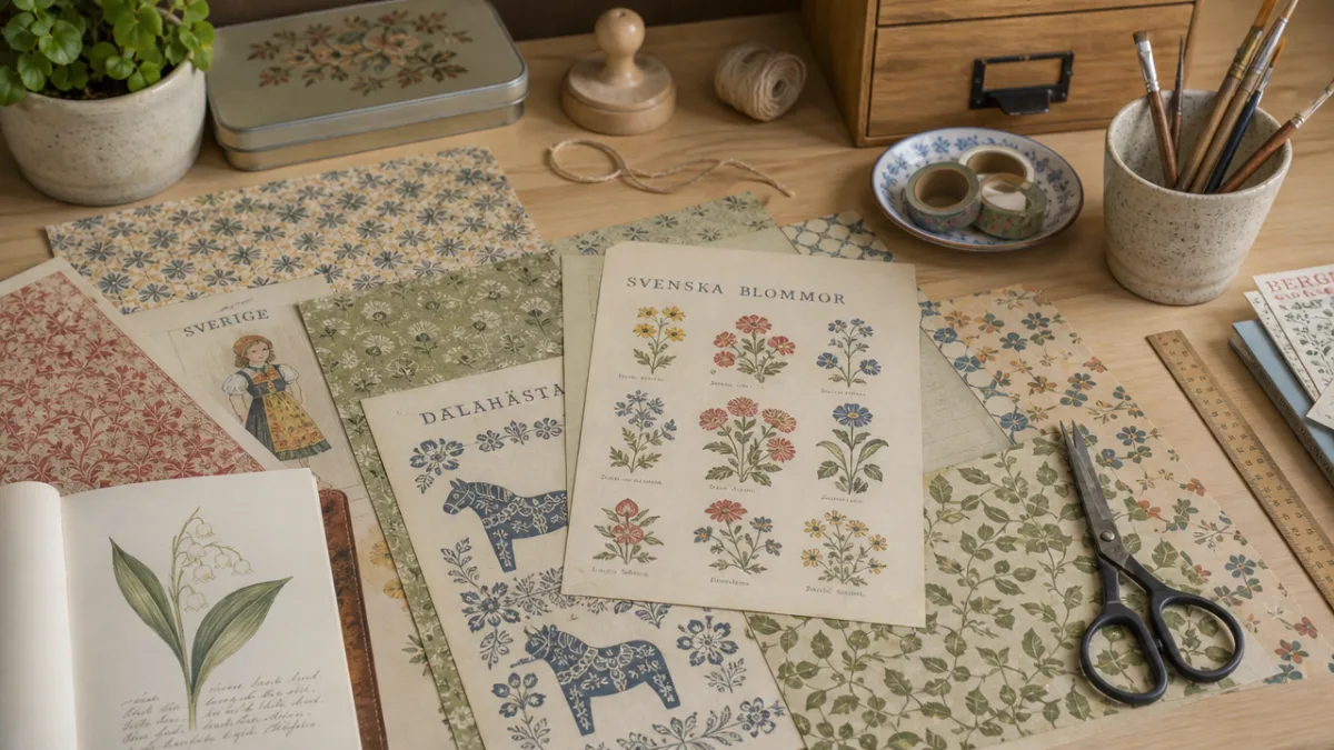 a crafting workspace with vintage Swedish paper spread across a light oak…