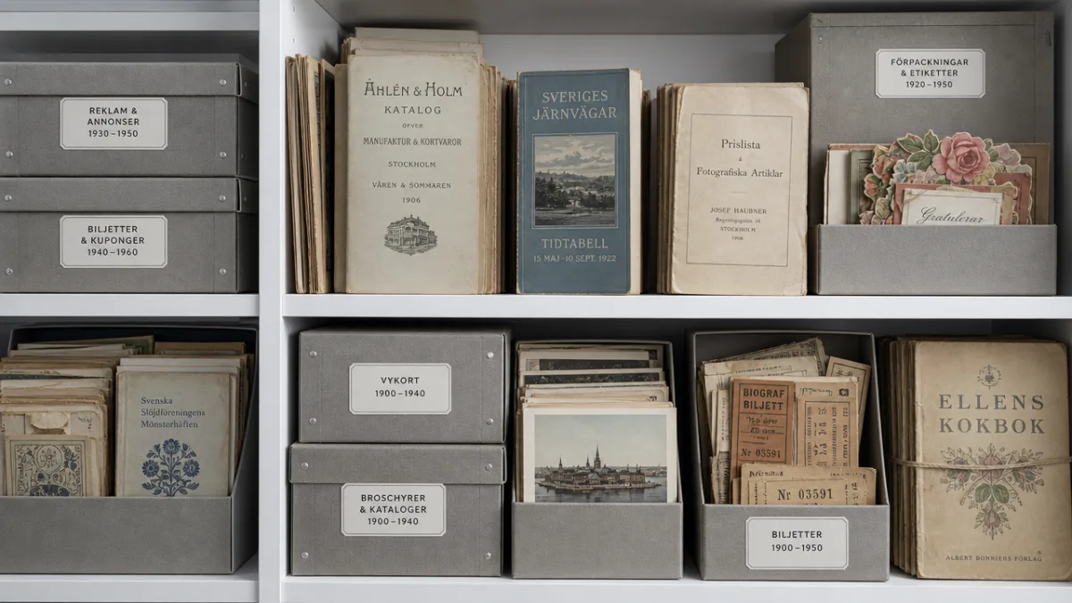 a neatly organized collection of vintage Swedish paper goods stored in archival…