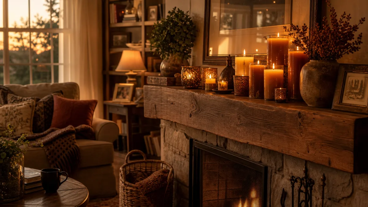 a warm cozy living room with clustered amber candles glowing on a…